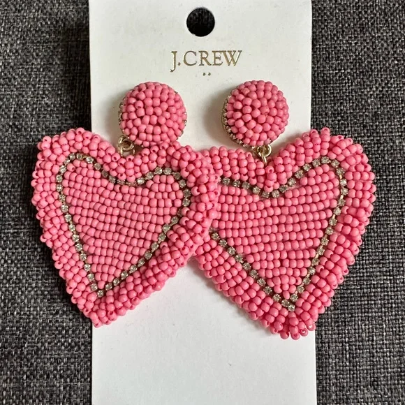 NWT J. Crew Pink Beaded Heart Earrings - Picture 2 of 3